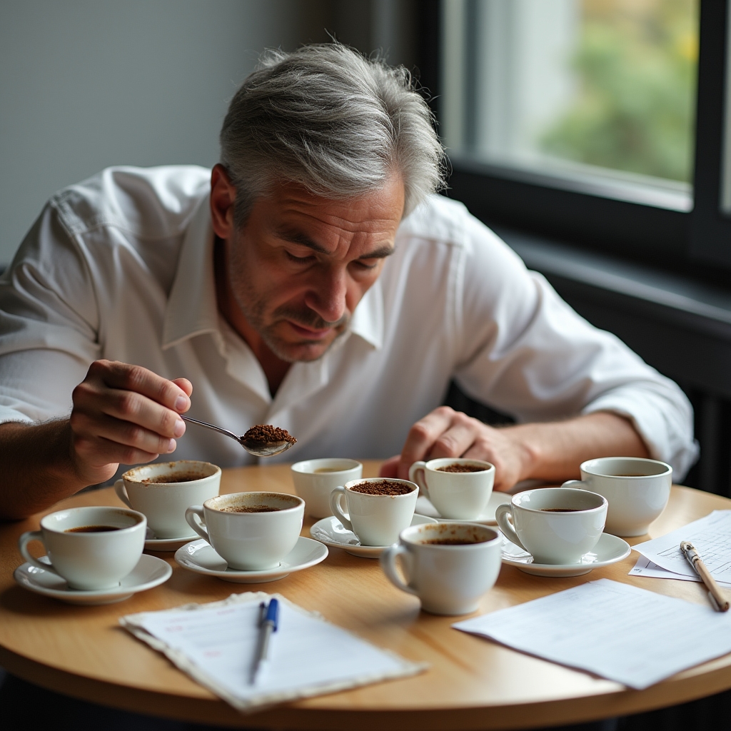Sessione di cupping professionale con tazze allineate su tavolo rotondo e schede di valutazione SCA