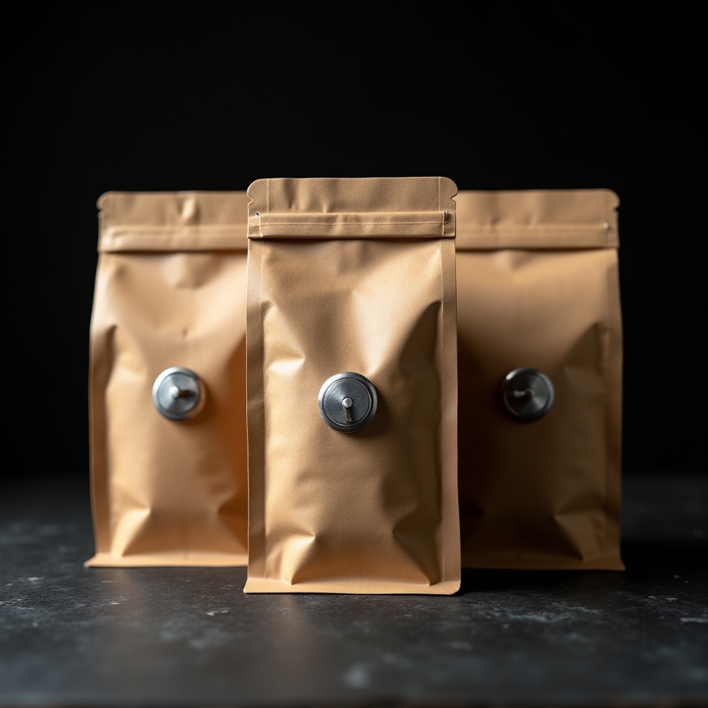 Sacchi di caffè specialty con valvola di degasaggio argentata su fondo scuro, dettaglio macro
