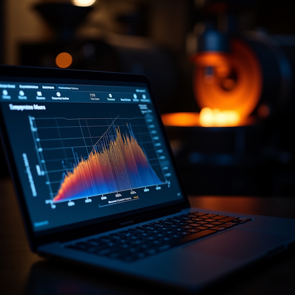Schermo di computer con software di tostatura che mostra curva termica colorata su sfondo scuro